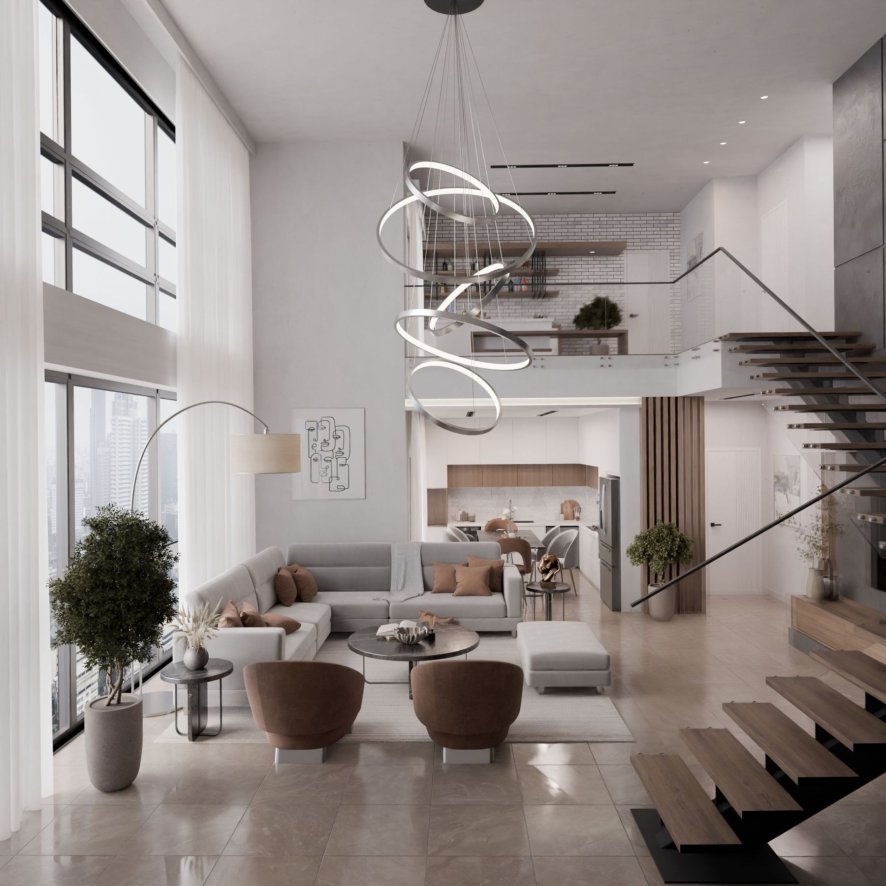 A bright, sunlit open-plan living and kitchen space with tall windows